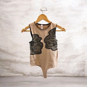 Victorias Secret Nude Taupe Bodysuit with Black lace detail. Thong Style Stretch